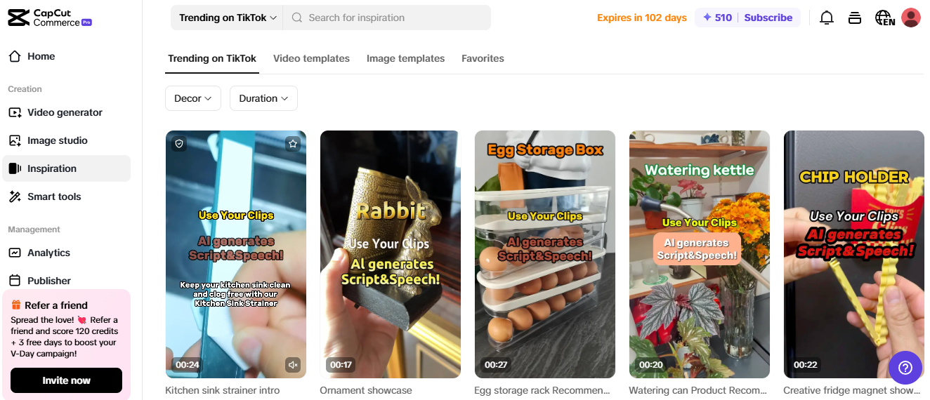 Pippit dashboard showing AI-generated Amazon product videos with trending TikTok inspiration and automation.